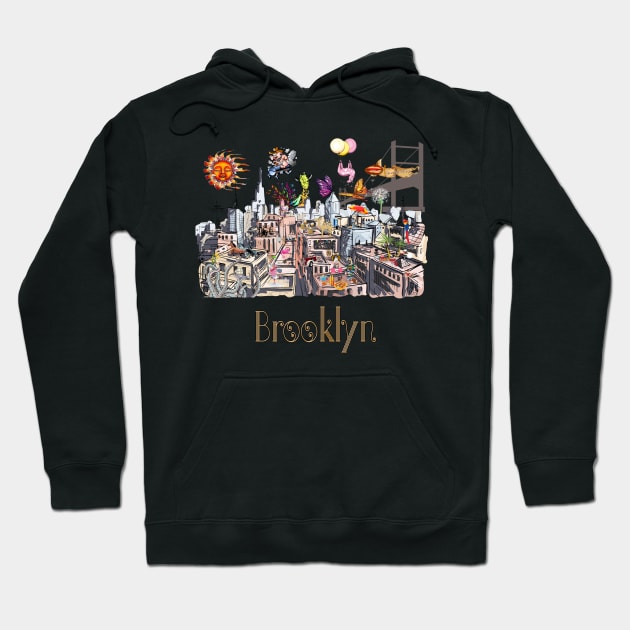 Surreal Pop Art Busy City of Brooklyn Hoodie by IconicTee